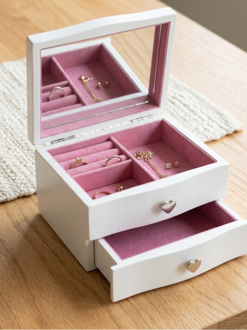 White Jewelry Organizer Box with Pink Interior and Heart Drawer Pulls
